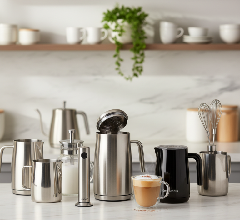 A collection of premium milk frothers on a kitchen counter, showcasing various types including electric, handheld, and manual pump designs. A frothed coffee drink in a glass mug sits prominently in the foreground, representing the high-quality results achievable with these tools