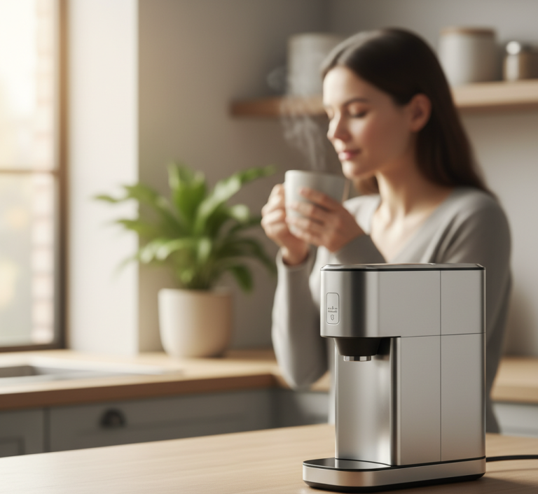 A professional, high-quality photograph showing a sleek, modern, quiet coffee grinder placed on a clean kitchen countertop. The grinder should be in the foreground, slightly out of focus, with a warm, inviting light. In the background, a person is seen enjoying a cup of coffee with a calm, peaceful expression. The overall mood should be serene and sophisticated. The color palette should be neutral with a pop of color from the coffee mug or a plant